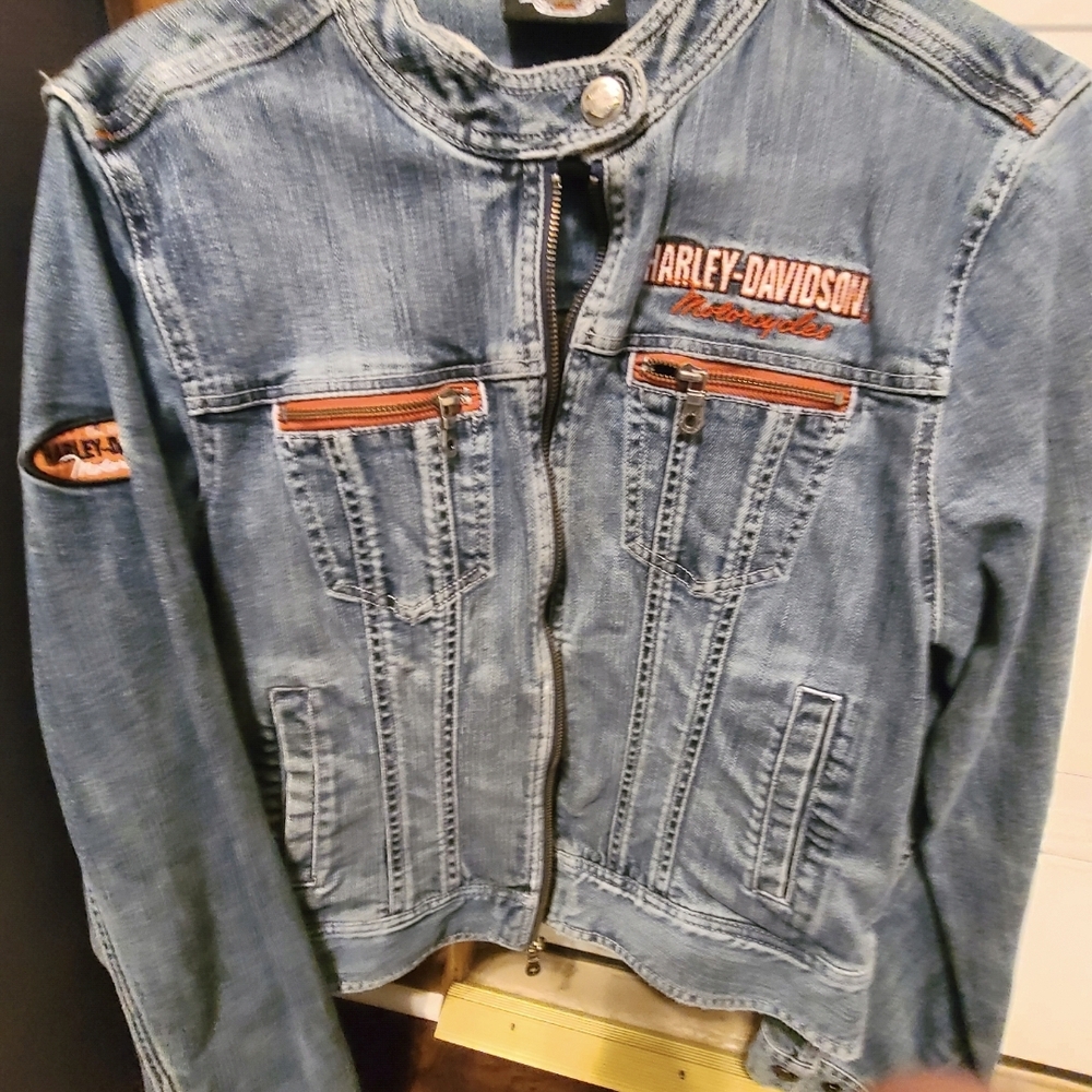 Harley-Davidson Blue Jean Jacket with Orange Accents